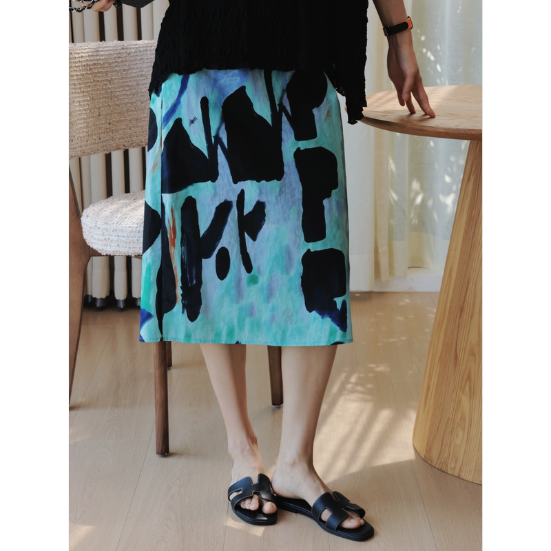 Tt Designer [Monet's Garden] Artistic Ink Print Draped Skirt Women's Summer Body-Concealing A-Line Skirt