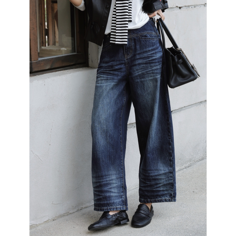 Tt Designer [Dark Blue Special Edition] Distressed Texture Heavy Washed Jeans for Women, Autumn Slimming Nine-Point Wide-Leg Pants