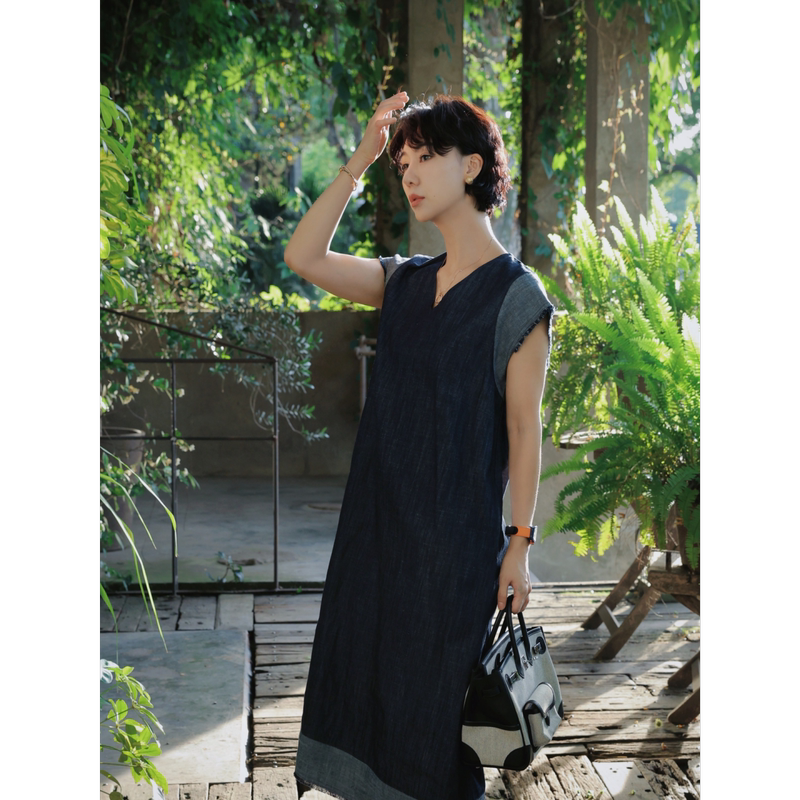Tt Designer [Ambilight] Casual and Relaxed Handmade Frayed Dress Women's Summer Color-Block Short-Sleeve T-Shirt Dress