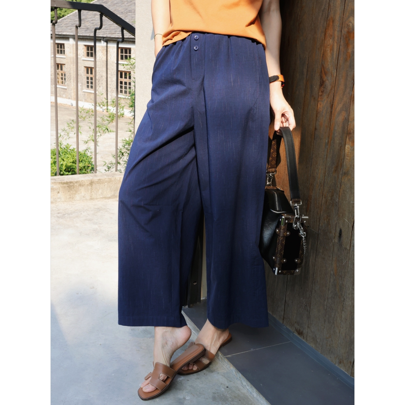 Tt Designer [Meteor Poetry Rain] High-End Yarn-Dyed Pima Cotton Casual Pants for Women, Summer Elastic Waist Straight-Leg Pants