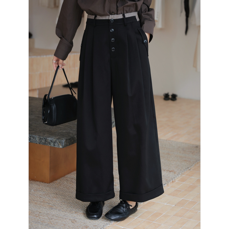 Tt Designer [Flowing and Casual] Vintage Atmosphere Color-Block Waistband Casual Pants Women's Autumn Wide-Leg Pants