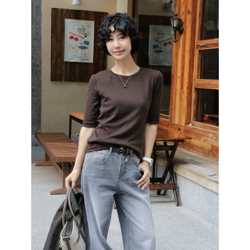 Tt Designer [Kendou Shaping] Wool Knit Half-Sleeve T-Shirt for Women, Autumn Stretch Basic Base Layer Top