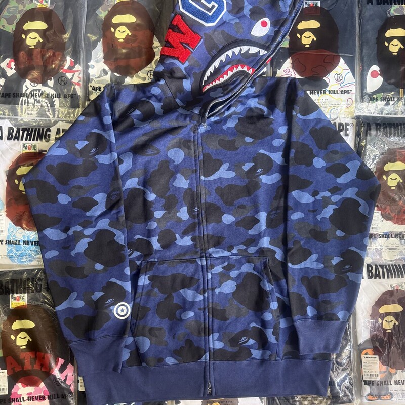 Bape Unisex Dark Blue Camouflage Shark Zipper Hooded Jacket Sweatshirt Bape Unisex Dark Blue Camouflage Shark Zipper Hooded Jacket Sweatshirt