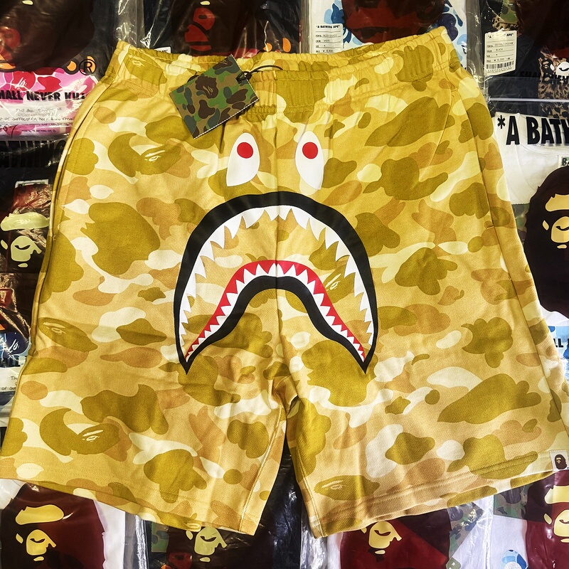 Bape Unisex Couple Matching Gold Yellow Camouflage Shark Shorts