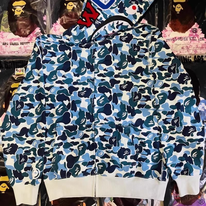 Bape Unisex Couple Style Camouflage Shark Tiger Zip-Up Hoodie Sweatshirt Blue