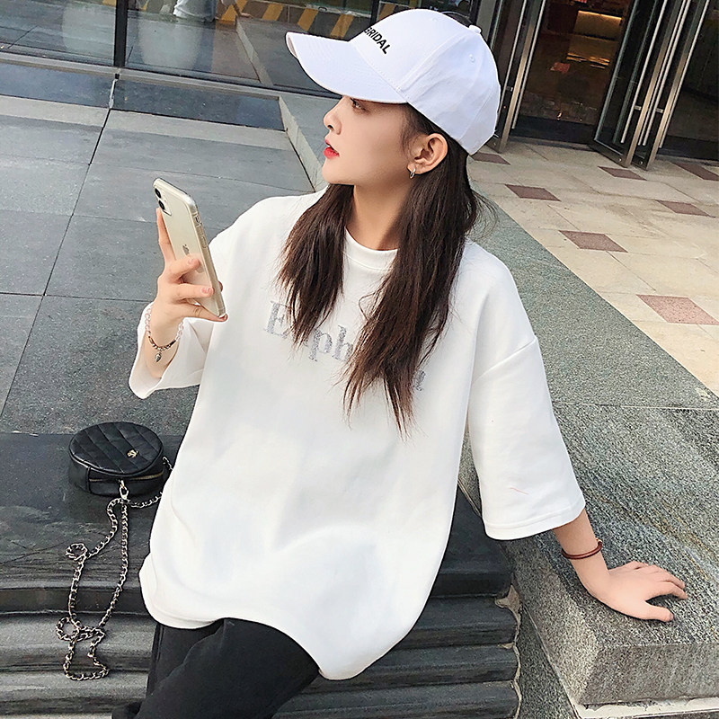 2022 summer new Korean version of heavy industry hot diamond letters short-sleeved t-shirt women's loose solid color casual top trendy chic