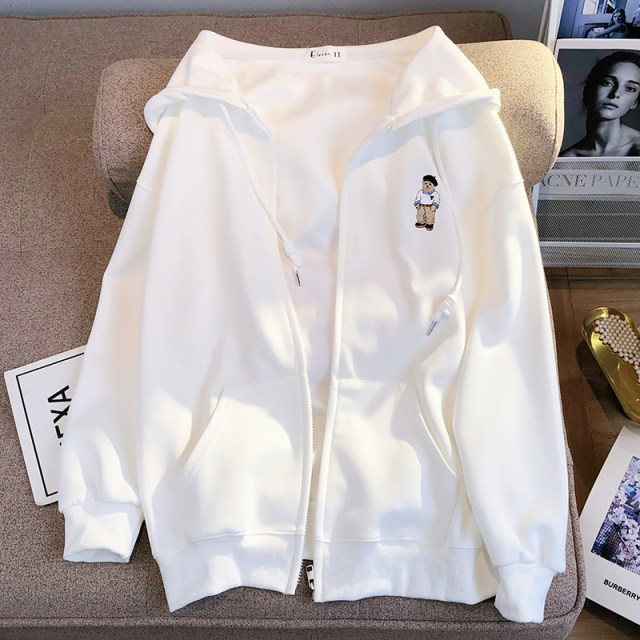 White Bear Sweater Hooded Zipper Jacket Women's Thin Cardigan 2024 Spring and Autumn New Loose College Style Top