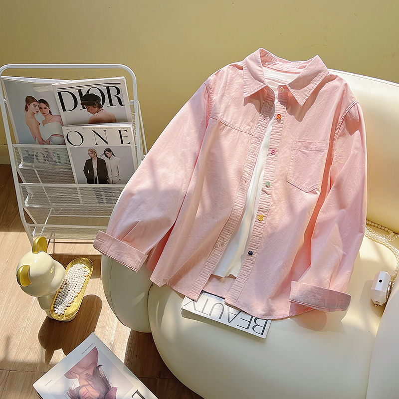 Cherry Blossom Pink Early Autumn Pure Cotton Long Sleeve Shirt for Women 2026 New Style Petite Colorful Button Loose Versatile Shirt Trendy