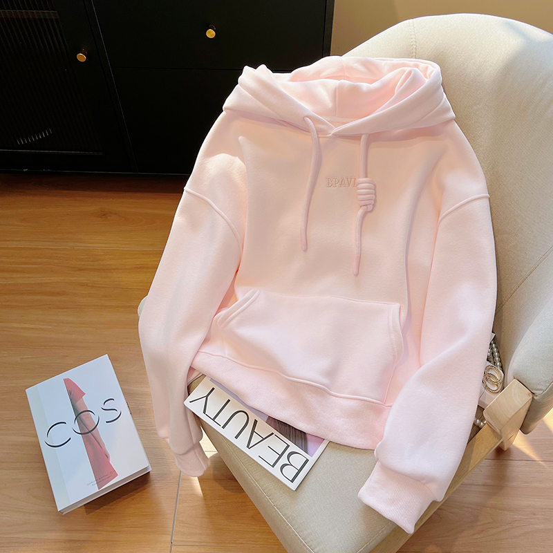 Cherry Blossom Pink Short Hooded Sweatshirt for Petite Women, 2026 Autumn and Winter, Fleece-Lined, Loose, Casual, Designer Niche Jacket