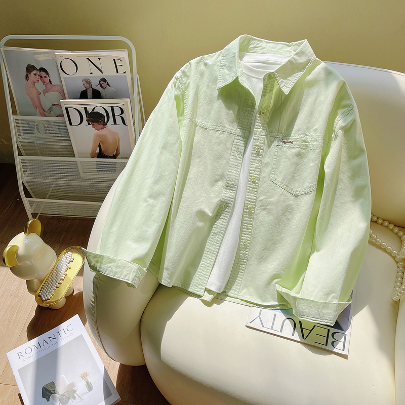 Fruit Green Ultra-Flattering Pure Cotton Long-Sleeve Shirt for Petite Figures, Loose Casual Slimming Shirt, Versatile Fashion Jacket Trend Fruit Green Ultra-Flattering Pure Cotton Long-Sleeve Shirt for Petite Figures, Loose Casual Slimming Shirt, Versatile Fashion Jacket Trend