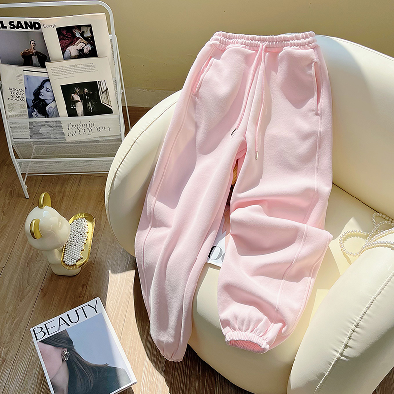 Light Pink Fleece-Lined Sweatpants for Women, Autumn and Winter New Style, Petite Size, Jogger Pants with Cuffs, Loose Fit, Slimming, Casual Harem Pants Light Pink Fleece-Lined Sweatpants for Women, Autumn and Winter New Style, Petite Size, Jogger Pants with Cuffs, Loose Fit, Slimming, Casual Harem Pants
