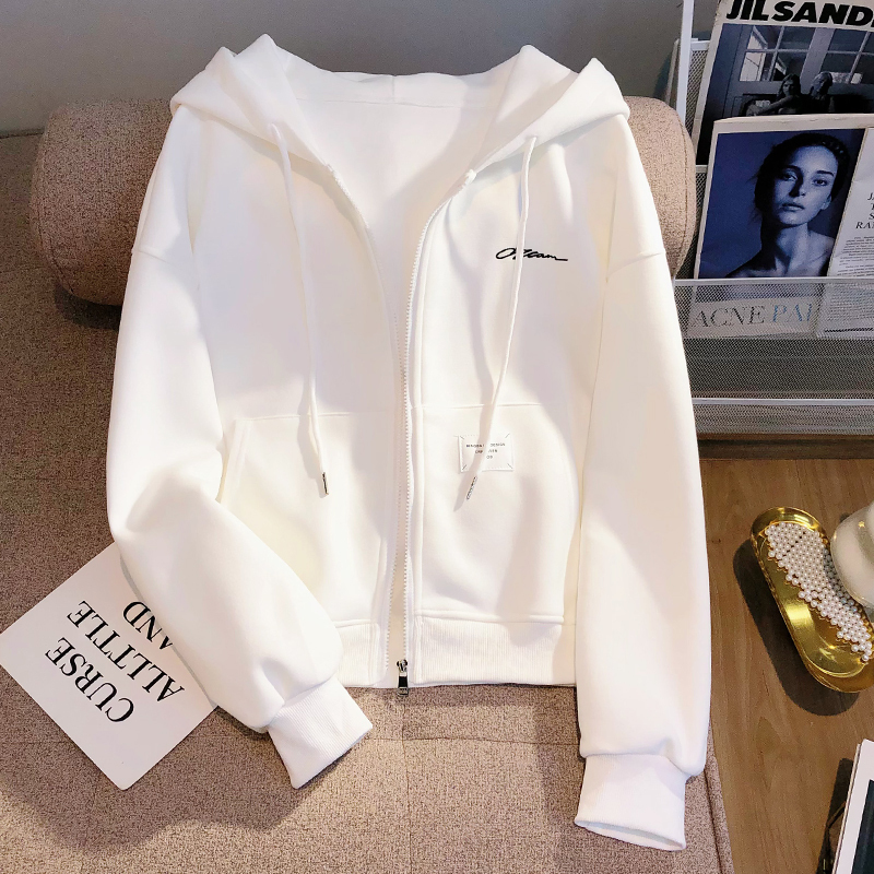 American Style Petite White Bm Hooded Sweatshirt Women's Cardigan 2026 Autumn and Winter New Niche Short Fleece-Lined Jacket Trendy