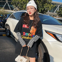 Long base shirt 2021 spring new student lazy loose cartoon print long sleeve fake Two T-shirt women