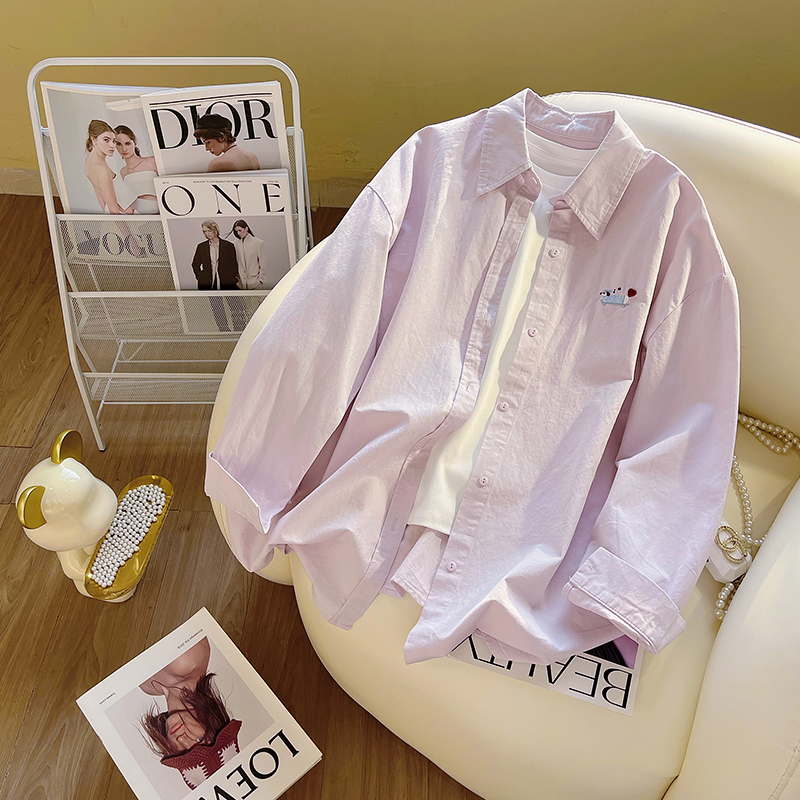 Taro Purple Cartoon Puppy Embroidered Casual Shirt for Women, Early Autumn 2026 New Mid-Length Versatile Pure Cotton Shirt Trendy Taro Purple Cartoon Puppy Embroidered Casual Shirt for Women, Early Autumn 2026 New Mid-Length Versatile Pure Cotton Shirt Trendy