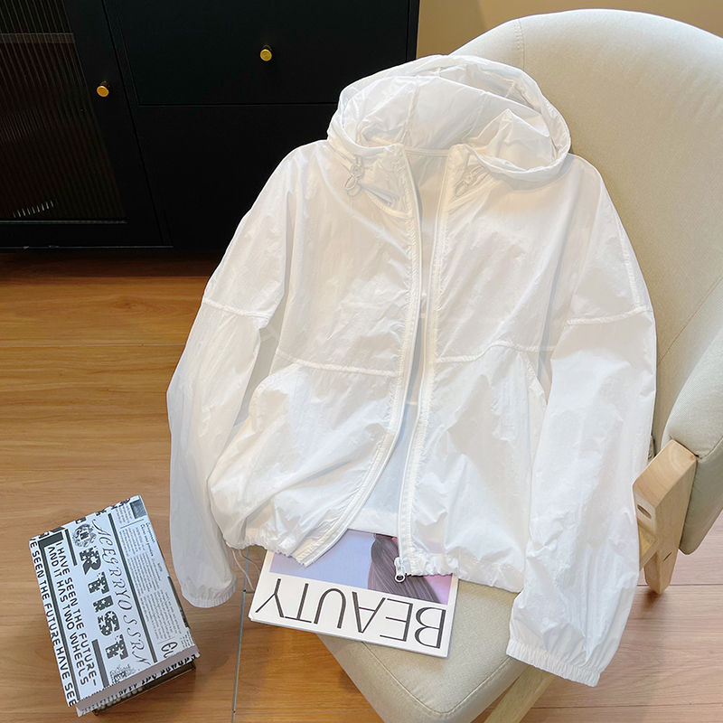 White Thin Casual Sun Protection Jacket for Women 2026 Summer New Style Zipper Drawstring Hooded Loose Breathable Long-Sleeved Jacket White Thin Casual Sun Protection Jacket for Women 2026 Summer New Style Zipper Drawstring Hooded Loose Breathable Long-Sleeved Jacket