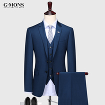 Mens wool suit suit Blue business casual suit Korean version slim professional formal dress Groom wedding dress