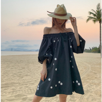 LIN CHAO ZHANG Antwerp short sleeve loose bf printed wave light lantern sleeve dress