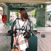 LIN CHAO ZHANG Sexy design lotus root shape summer fun mesh T-shirt two-piece plaid skirt