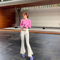 LIN CHAO ZHANG combed high-ball quilt cotton slim body high waist female morning glory horn jeans