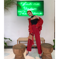  LIN CHAO ZHANG FASHION DARLING PANTS body folds modified leg brick red thin high waist straight pants