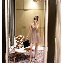 LIN vintage Hepburn style three-dimensional bud O-shaped pendulum French bellflower waist thin temperament plaid dress