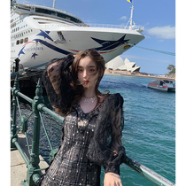 LIN CHAO ZHANG Heavy industry hand-beaded embroidery lace plaid top STITCHING dress