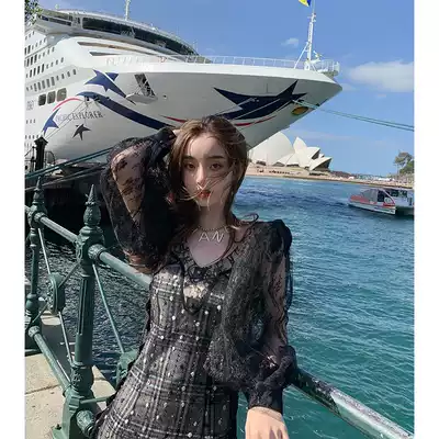 LIN CHAO ZHANG Heavy industry hand-beaded embroidery lace plaid top stitching dress