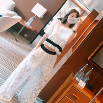 LIN CHAO ZHANG LACE KNIT TOP BLACK AND WHITE CONTRAST RUFFLE HEM LOOSE WIDE LEG TROUSER SUIT