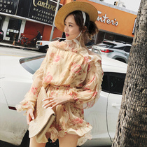 LIN CHAO ZHANG ISLAND resort WIND SUPER FAIRY WAIST SLIM CHIFFON LONG OFF-the-shoulder JUMPSUIT