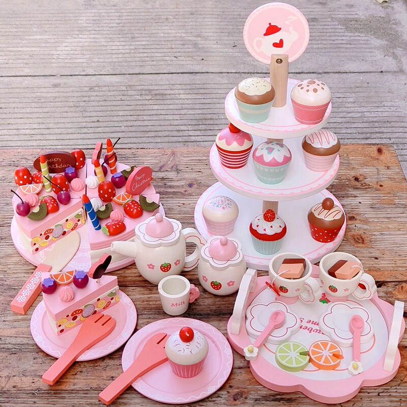 Girl 61 gift children's simulation cake candy Afternoon tea Dress up wine little princess Wooden toy 3-6 years old 2