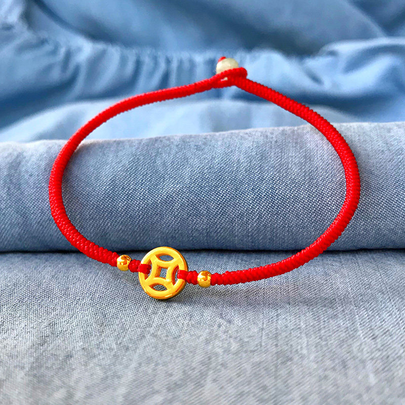 This year's natal year adjustable bracelet 999 gold pure gold small coins hand-woven diamond knot red rope bracelet couple