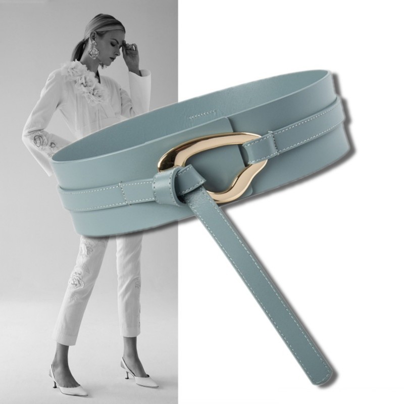 Light Blue 7cm Wide Belt Trendy Women's down Jacket Trench Coat Woolen Coat Japanese Style Waist-Cinching Belt Genuine Leather Belt