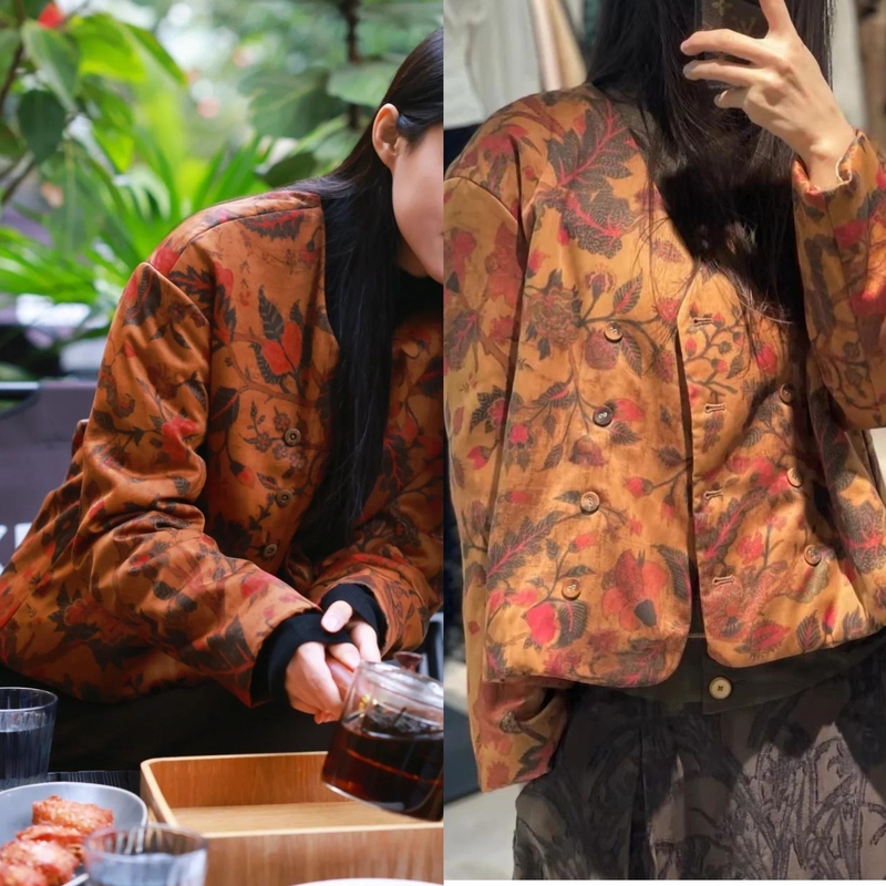 Designer Style by Um@W@Ng: Song Brocade Xiangyun Silk Bean Pod Flower Print Lining with Tech Warm Fleece Cotton Jacket in New Chinese Style