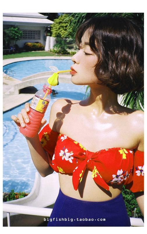 Đồ bơi câu cá lớn eo cao retro một bên vai nhỏ ngực chia bikini áo tắm hai mảnh nữ