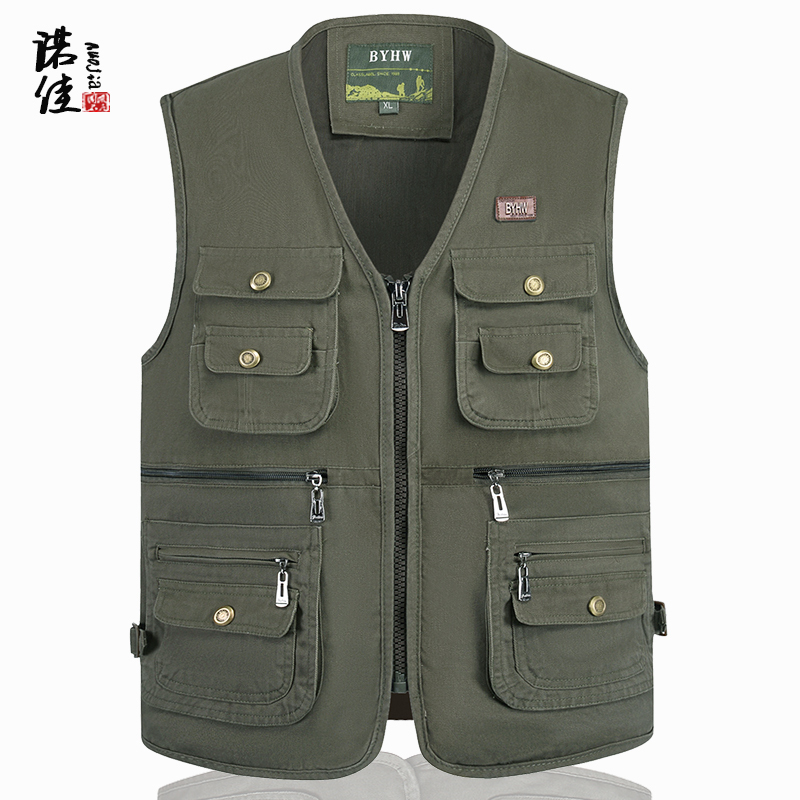 Middle-Aged and Elderly Men's Spring and Autumn Pure Cotton Washed Multi-Pocket Vest Outdoor Photography Vest Dad's Sleeveless Fishing Vest