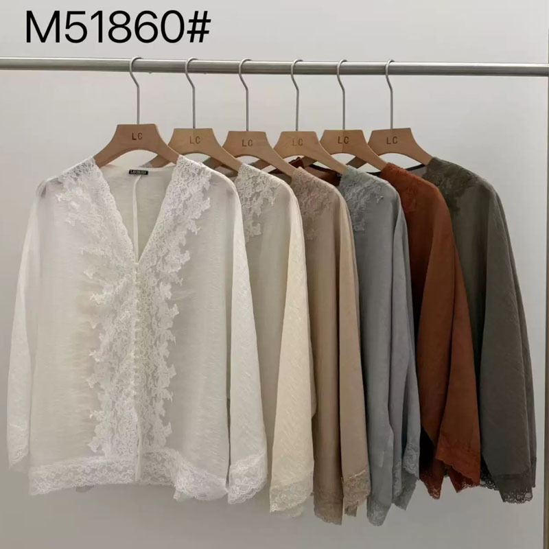 Lascelula Genuine Ambre French Lace Long-Sleeved Shirt Loose V Neck Lace-Trimmed Shirt Top Lascelula Genuine Ambre French Lace Long-Sleeved Shirt Loose V Neck Lace-Trimmed Shirt Top