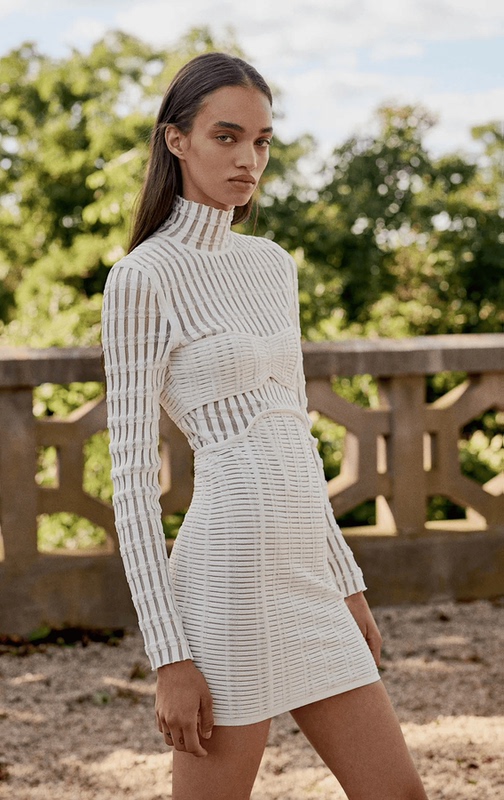 Hofnige Summer New Tight-Fitting Mesh Sexy Hip-Hugging Skirt White Stand-Up Collar Long-Sleeved Bandage Mini Dress