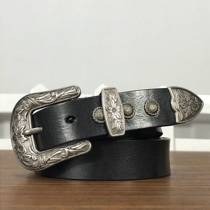 Vintage Floral Carved Genuine Leather Belt for Women, High-End Style, Suitable for Jeans