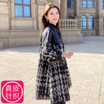Leather sheepskin leather clothing stitching knitted woolen woolen tweed plaid womens coat 2021 Winter New with large size