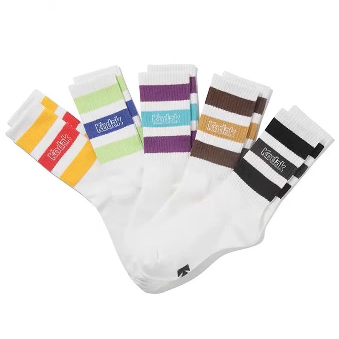 Korean Pure Cotton Kod@K Socks Gift Box 5 Pairs Set, Colorful Striped Fun Comfortable Mid-High Tube Socks for Men and Women