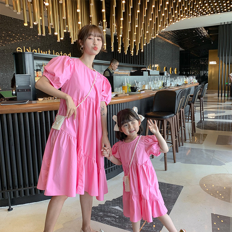 Parent-child summer dress 2022 new trendy mother and daughter dress puff sleeves Western style pink dress cotton girl princess dress