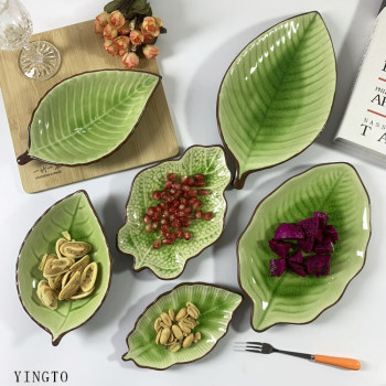 Ice cracked ceramic glaze tableware banana leaf tray