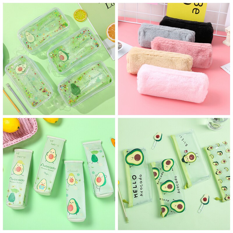 Girl heart cute avocado quicksand transparent female milk box plush star anise simple large-capacity pencil case stationery box