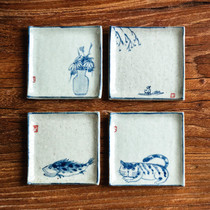 Hand-painted blue and white coaster Handmade tea tray Retro Zen coarse pottery round white porcelain square ceramic cup holder Tea cup mat