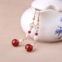 Face thin earrings female Net Red National style jewelry agate earrings Pearl retro style ear ornaments long super fairy ear clip