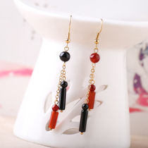 Retro style niche earrings Super fairy temperament earrings Joker red ear clip long agate jewelry women