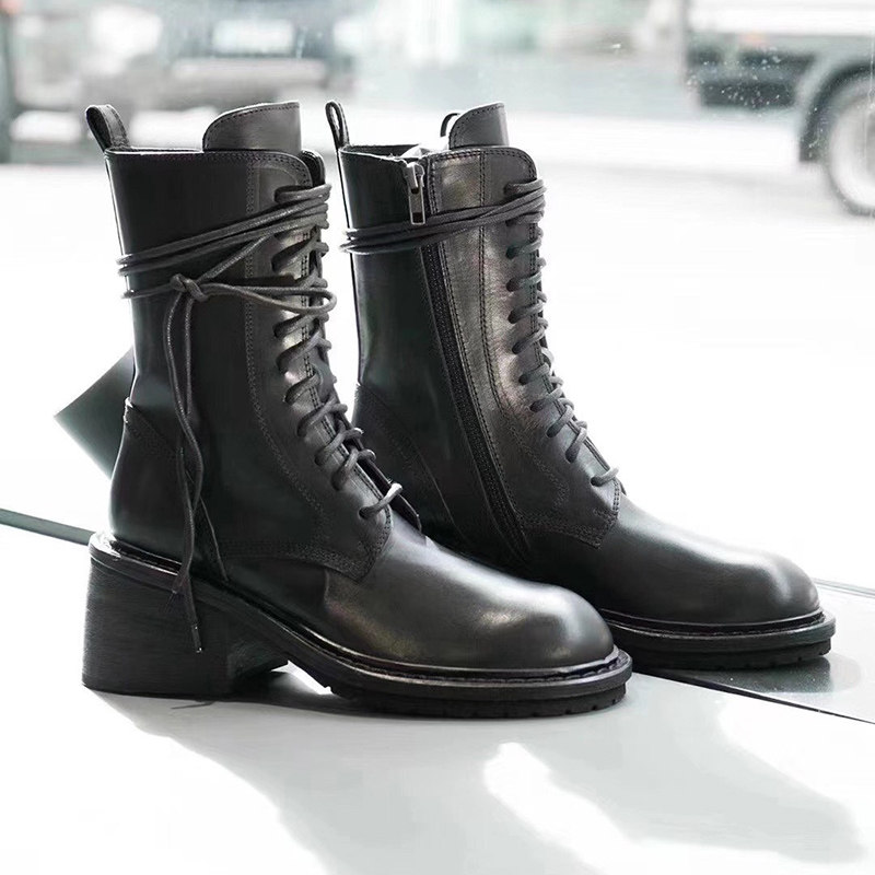 ann Martin boots (Rome to Hong Kong) female short boots retro genuine leather riding boots thick bottom mid-cylinder locomotive boots female