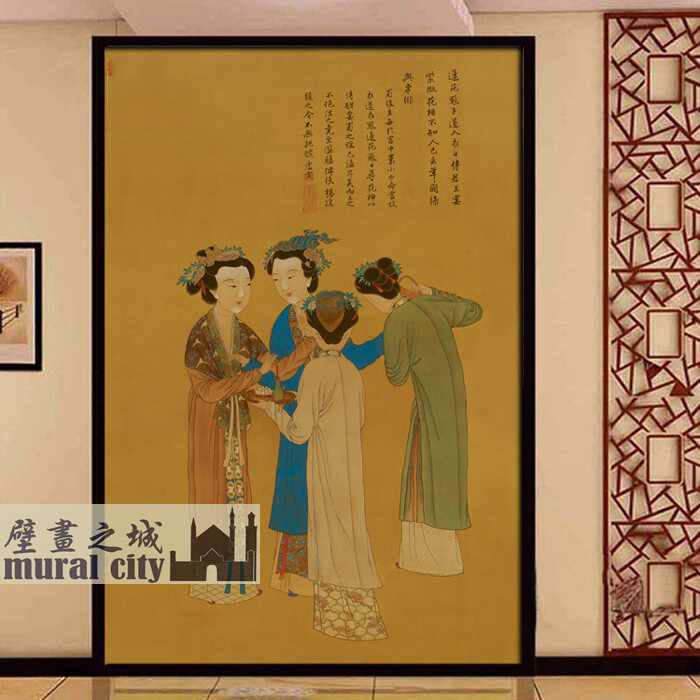 中国古美術・仕女人物四条屏画芯・唐寅印款・水墨彩色画・純手描き・文房置物・宣紙・ 唐伯虎四条屏中堂挂画唐寅四大美女款家用客厅挂画古