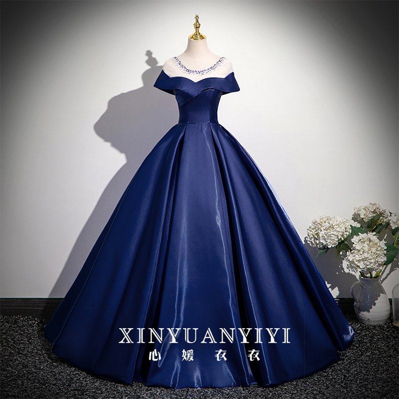Choral Performance Attire, Blue Long Dress, Elegant Host, High-End and Grand, Vocal Arts Exam, Sophisticated, Coming-Of-Age Ceremony
