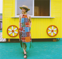 Thai national style super beautiful printed cotton cloth holiday travel halter neck dress